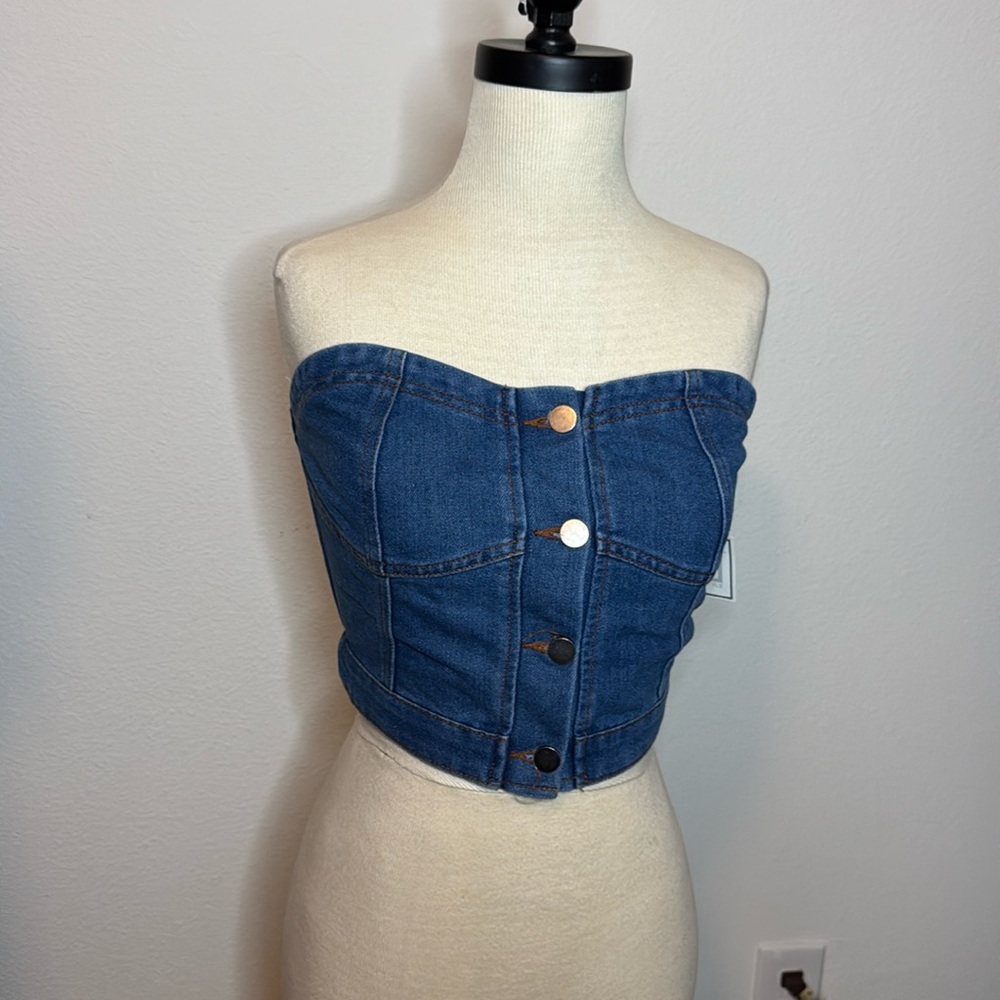 MD denim blue jean top strapless corset top button down elastic stretch back NWT